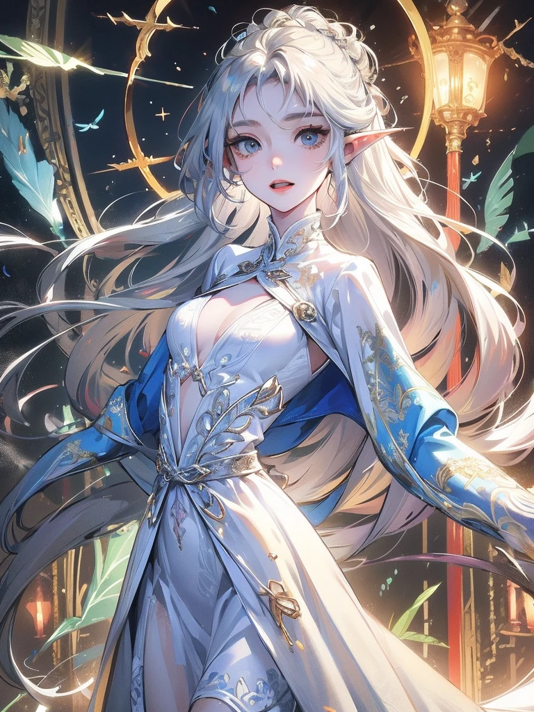 ((Highest quality)), ((masterpiece)), (detailed), One girl, The background is nature、The weather was sunny.、Silver hair straight long hair、Half Up、Parallel thin eyebrows、Double droopy eyes、Thin lips、Small nose、Blue Eyes、Long eyelashes、Delicate appearance、Illustration seen from the front、A big smile with an open mouth、White dress、Elf、Fantastic illustrations、Highlights are 7 colors、The light is on my face, I&#39;m waving my hand、