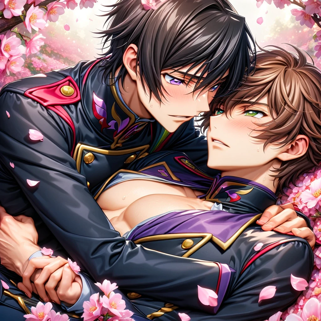 absurdres, highres, ultra detailed, HDR, master piece, best quality, Lelouch Lamperouge, black hair, closed eyes, Code Geass, Kururugi Suzaku, brown hair, closed eyes, two sexy men kissing, yaoi, gay couple, handsome, black military uniform, fantasy, shining, pink flowers, pink blossoms, water, pink petals