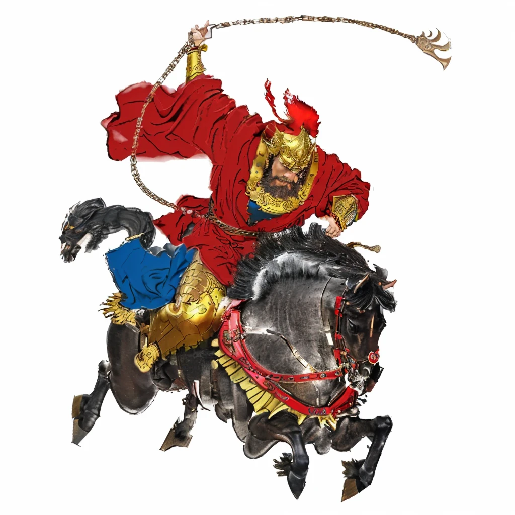 a chinese man with wild beard, wearing red robe and gold ancient armour, riding black horse, waving metal chain weapon with crawl hook