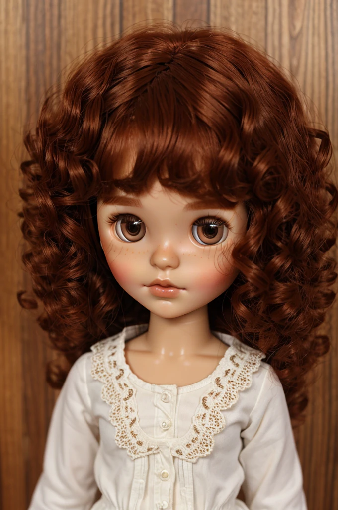 Blythe doll with red dark and curly hair, brown dark eyes, skin white and large eyes, vertical labret piercing