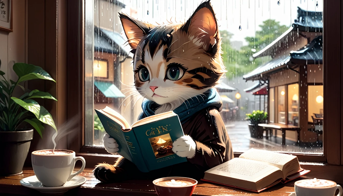 A cafe scene with rain falling outside the window. An anthropomorphized kitten is reading a book while drinking hot chocolate at a window seat. The warm light and calm expression are impressive. Japanese anime style