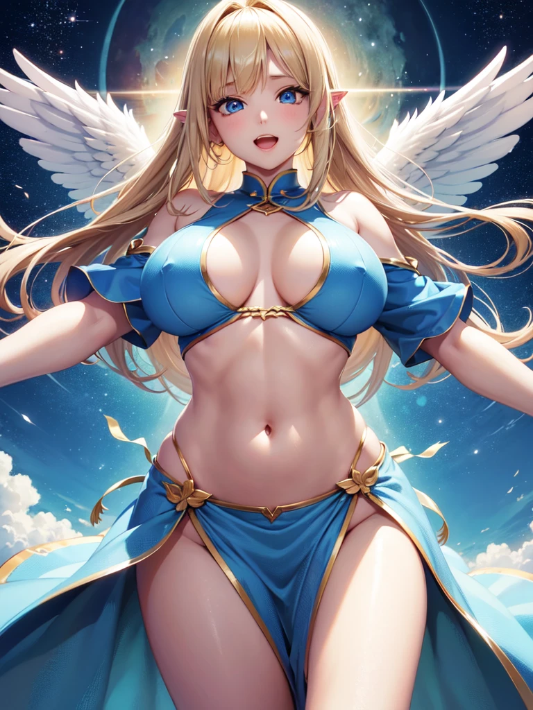 最high quality, high quality, 8K、High resolution,Highest quality、solo、大喜びをしている胸に翼のある白いビキニ姿のtallのadult female angel、belly button、Thighs、tall、super Wide Angel, Open Mouth Smile、Thighs、Naturally Shaped Fingers、Long neck、from the front、Looking at this、belly button、Blonde hair and blue eyes、Majestic Angel, Anime Goddess, Wide Angel, thick, Beautiful and attractive anime woman, Huge and stunning goddess shots, Angel Adult Woman, adult female angel, She has angel wings on her back,Highly detailed goddess shot