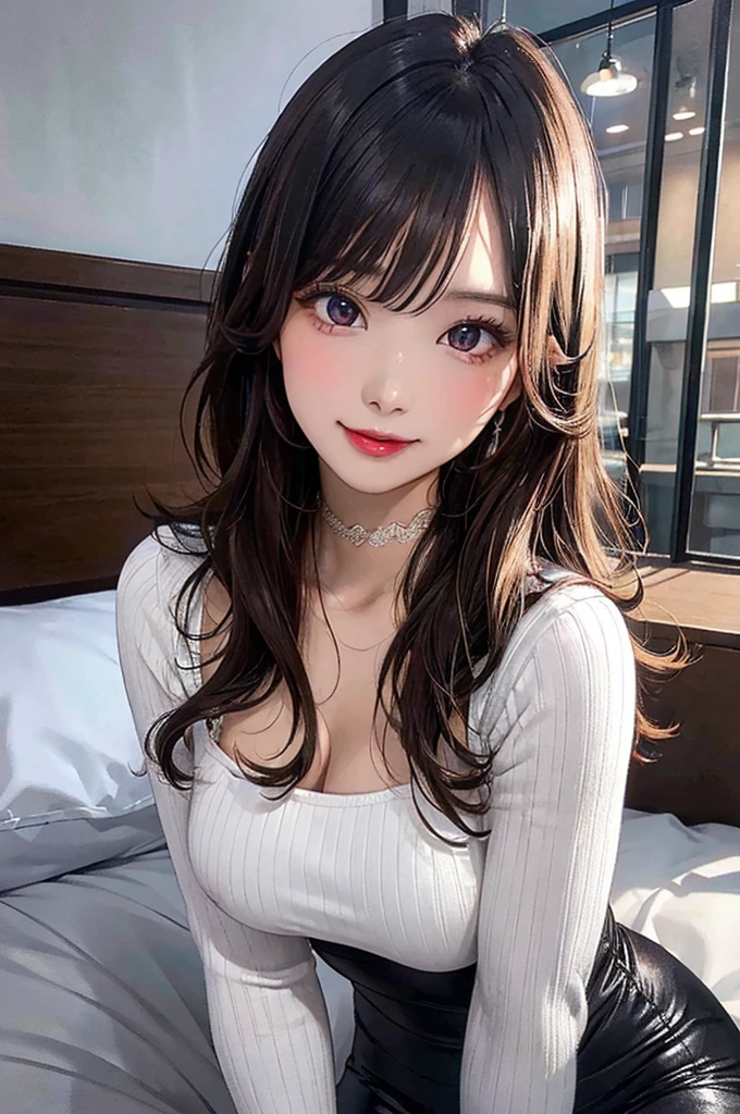 (seductive smile), (((24yo, gyaru))), masterpiece, (((wearing tight dress)), (allfours), ((large breasts)), ((large hip)), (shiny skin), (((skindentation))), photorealistic, realistic, solo, photorealistic, best quality, ultra high res, YuraS, bed, parted lips, beautiful, masterpiece, best quality, extremely detailed face, perfect lighting, ultra high res, ultra detailed