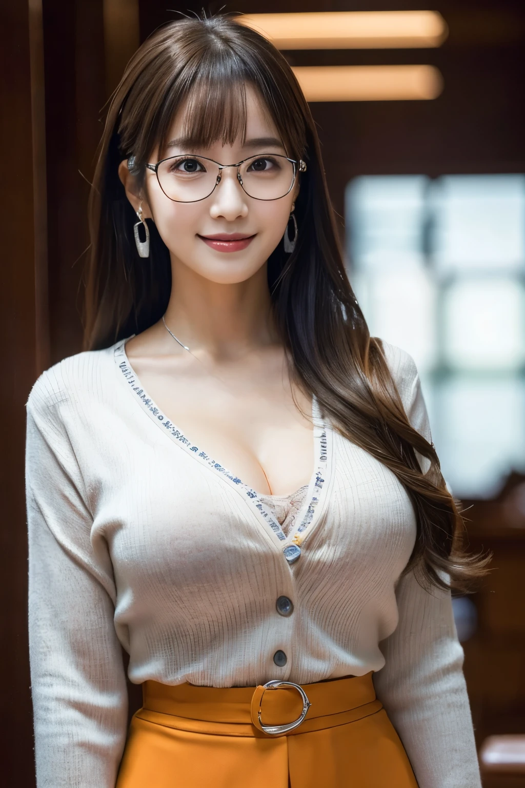 Beautiful Arafed woman,Glasses,Round face,Smiling Kindly,Fishbone hair with intricate braids,Shiny silver with orange interior color,See-through bangs,Big ample breasts,Have、Big ample breastsを強調した衣装を着Have.,Open jacket,Tight Skirt,hairpin,necklace,Earrings,Library Rin々Sit Properly,(Professional Lighting),(In 8K,Tabletop,Highest quality,Ultra-high resolution output images,),(Ultra HD with Intricate Detail Picture Mode),Depth of written boundary,Beautiful Hands,Beautiful fingers,Detailed finger features,(Detailed hair features:1.7),Detailed facial features,Detailed clothing features, Dynamic and sexy pose,Super sexy angle,(Composition centered on face:1.3)