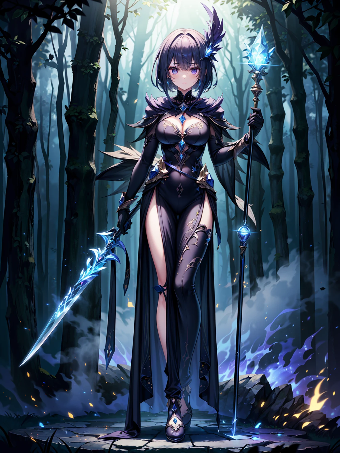 ((masterpiece, best quality, 8k))A captivating artwork of a darkly enchanting female character in a shadowy, magical setting. She wears dark and magical clothes in black and purple, perfectly matching her mysterious aura. Her short black hair and crimson eyes exude an intense beauty. She wields a dark staff, emanating a foreboding power.