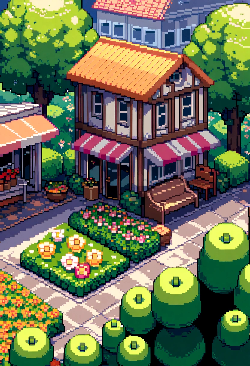 pixel art sky. morning. clouds，3d pixel art 4k обои. Incredibly detailed pixel graphics. pixel art. Detailed pixel graphics of an unreal engine((masterpiece))Street, trees, Sun rays, Houses, a bench,nature, The shops, Flower beds, flowers, green, Creepers,