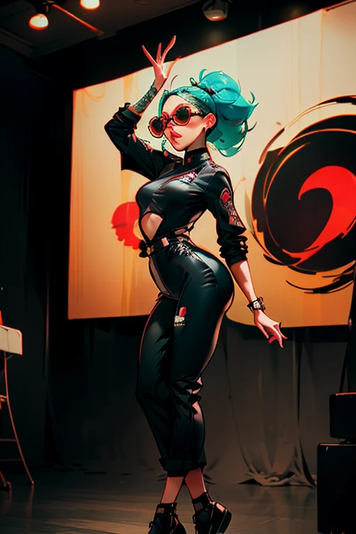 Black workwear jumpsuit、A woman wearing a costume covered with patches, cyber punk, Mosh Pit, (Highest quality,4K,8K,High resolution,masterpiece:1.2),Live Stage、Chinese style world view、Large sunglasses,Punkish hairstyle、Full body portrait、dynamic dancing
