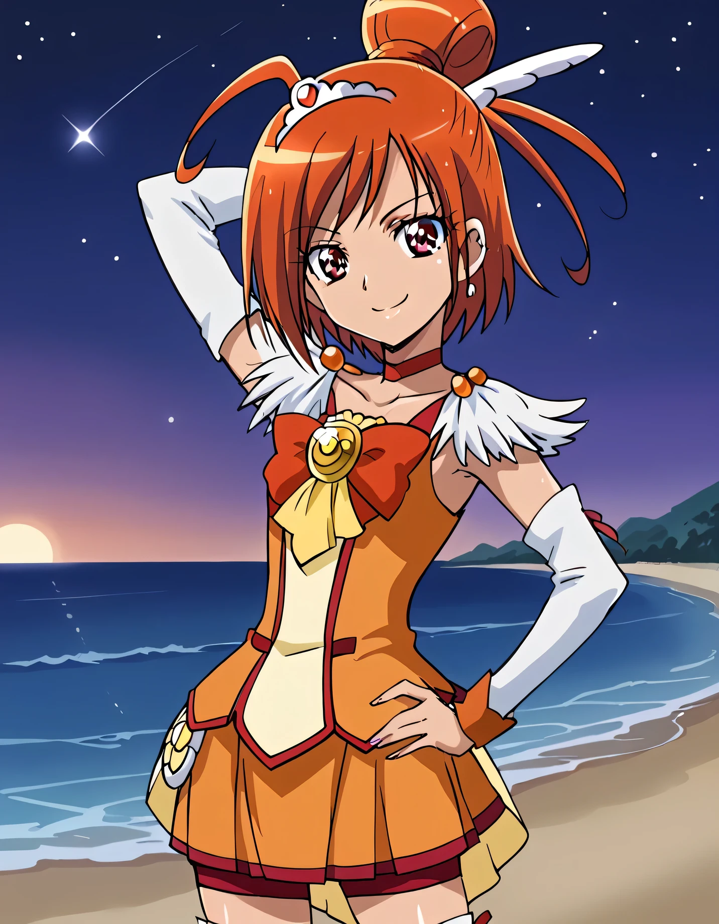 curesunny, shiny skin, high quality, solo, 1girl, night sky, beach, arm behind head, hand on hip, (contrapposto), closed mouth, spread armpits, (cowboy shot:1.5), looking at viewer, best quality, smile,
