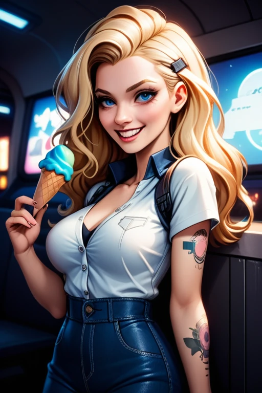 Generate an image of a young woman in a 70's style with a vintage American comic book look. The woman is blonde, shoulder length hair, curled outward, and is a waitress at a diner. She is wearing a (((red dress))) and (((white apron))), She has a smiling expression on her face and the background is a diner with retro furniture.