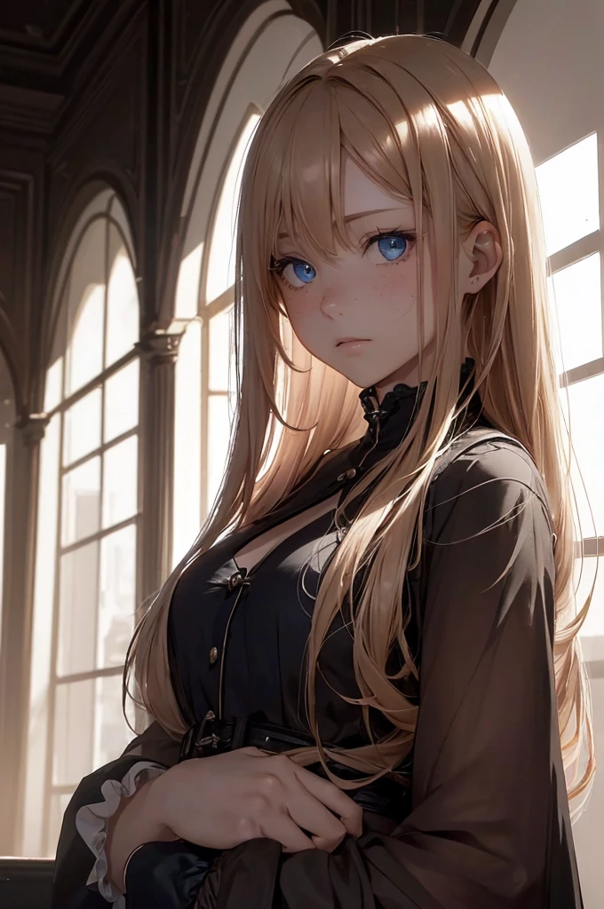 ((1 Female, 1 person, Solitary) Alice, Humanity, Long curly blond hair, blue eyes, freckle, teenager, 18 years, Rebirth_ongoing) (Main Part, Super detailed, 8K, (HD, Sunlight:0.5, Soft_shadow:0.5, atmosphere_light, 8K, 4K, Surrealism, elegant, ((((Appearance)))), Soft Ton, 柔和的light))(((Dark, Chiaroscuro)))