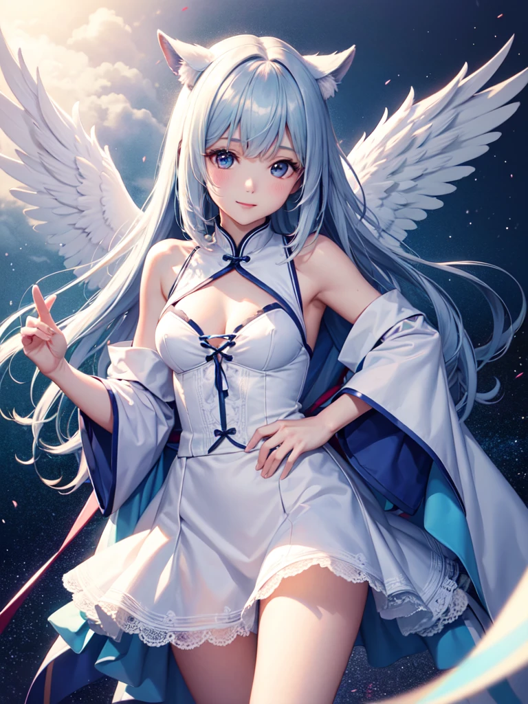 最high quality, high quality, 8K、High resolution,Highest quality、solo、胸に翼のある白いビキニ姿のtallのadult female angel、I'm overjoyed、belly button、Thighs、tall、super Wide Angel, Open Mouth Smile、Thighs、Naturally Shaped Fingers、Long neck、from the front、Looking at this、belly button、Blonde hair and blue eyes、Majestic Angel, Anime Goddess, Wide Angel, thick, Beautiful and attractive anime woman, Huge and stunning goddess shots, Angel Adult Woman, adult female angel, She has angel wings on her back,Highly detailed goddess shot