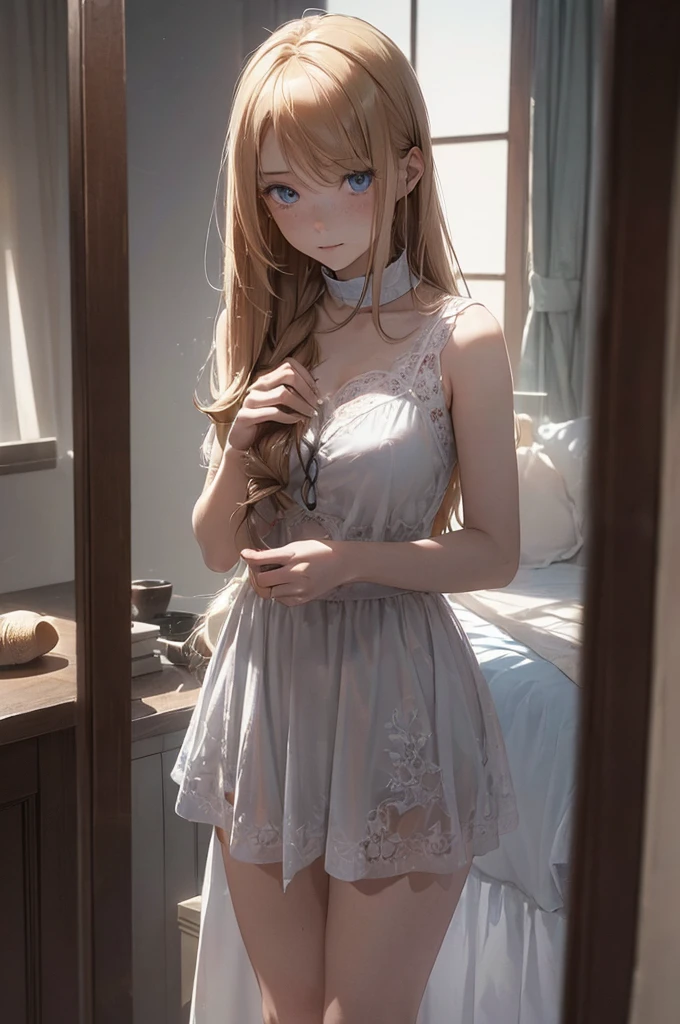 ((1 Female, 1 person, Solitary) Alice, Humanity, Long curly blond hair, blue eyes, freckle, ager, 18 years, Rebirth_ongoing) (Main Part, Super detailed, 8K, (HD, Sunlight:0.5, Soft_shadow:0.5, atmosphere_light, 8K, 4K, Surrealism, elegant, ((((Appearance)))), Soft Ton, 柔和的light))(((Dark, Chiaroscuro)))