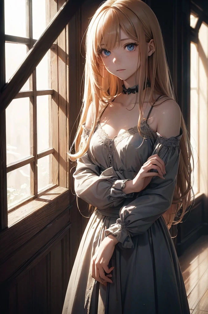 ((1 Female, 1 person, Solitary) Alice, Humanity, Long curly blond hair, blue eyes, freckle, ager, 18 years, Rebirth_ongoing) (Main Part, Super detailed, 8K, (HD, Sunlight:0.5, Soft_shadow:0.5, atmosphere_light, 8K, 4K, Surrealism, elegant, ((((Appearance)))), Soft Ton, 柔和的light))(((Dark, Chiaroscuro)))