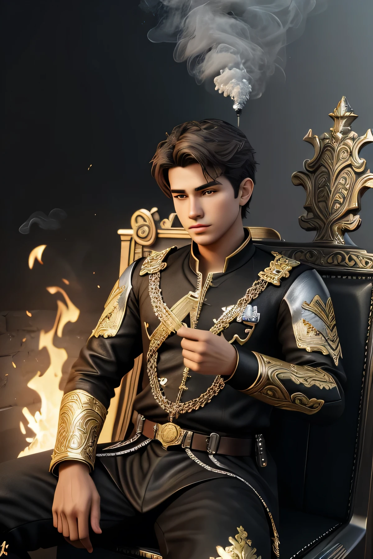 Create a 3d illustration a 18 year old handsome boy sitting on the throne and play free fire game and background color is black and white smoke and name is "irshad FF" bold silver and gold