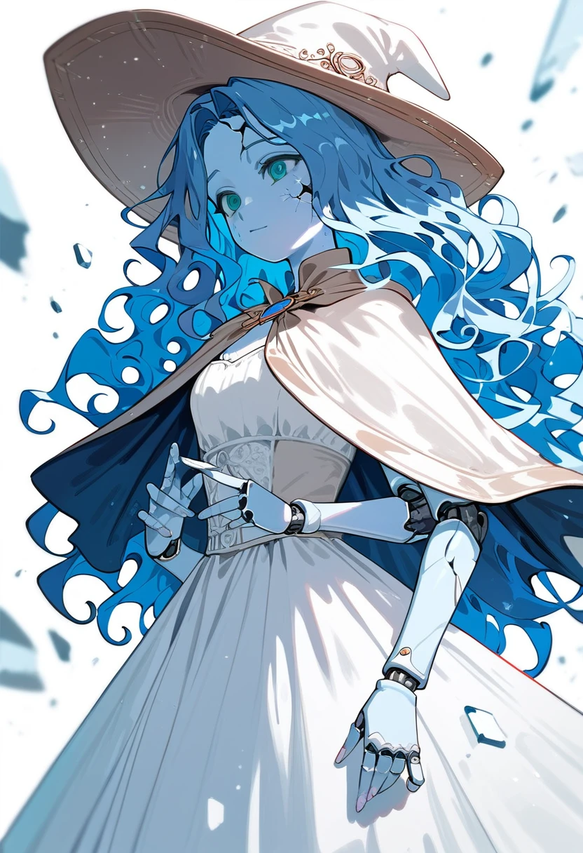 masterpiece, best quality, 1girl, solo, IncrsXLRanni, wavy hair, cracked skin, colored skin, blue skin, (extra faces), extra arms, doll joints, white dress, hat, cloak