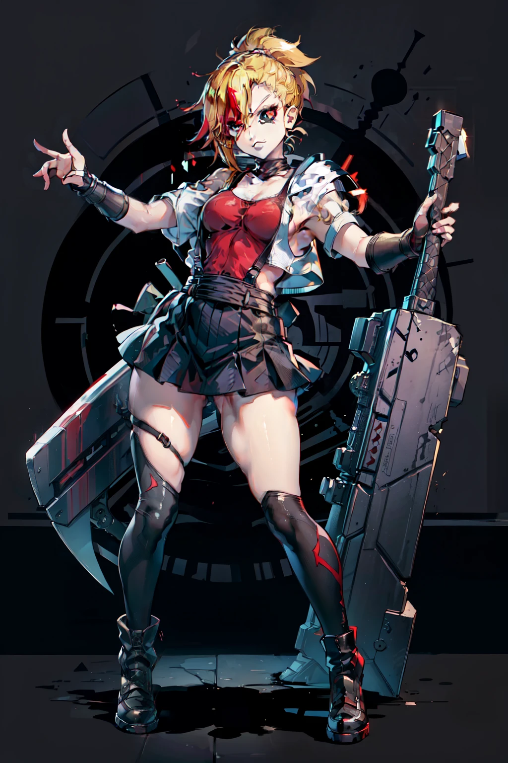 (masterpiece, best quality:1.2), red glowing eyes, red eyes, the eyes are red, perfect face, , strong make up, highres, 1 girl, solo, ultra long ponytail, (female:1.5), strife, blonde hair, shoulder armor, sleeveless turtleneck, suspenders, belt, gloves, bracer, evil smile, standing, portrait, looking at viewer, giant sword on the back, long leather boots, fullbody shot