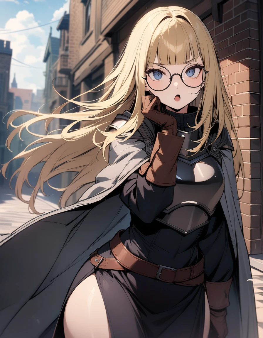 (masterpiece),(best quality),very aesthetic,(ultra-detailed),(illustration), 1girl,26yo,curvy,long hair,blonde hair,straight hair,disheveled hair,(blunt bangs),dark blue eyes,(squinting eyes:0.5),intelligence,thinking,annoyed,open mouth,Black steel breastplate,Black Steel Shoulderplate,gray cloak,Black long dress skirt,long sleeves,Brown leather gloves,(large round glasses),hand on own chin,wearing a sword on waist,standing,cool,daytime,Lascivious atmosphere,fantastic atmosphere,Brick streetscape,battlefield,cowboy shot,fantasy,cloudy sky, depth of field,from side