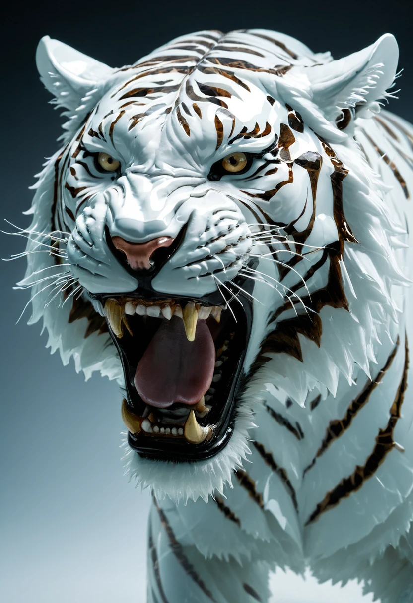 image of an angry tiger with sharp teeth made of transparent white glass, É made of glass transparente, , made of glass, completely translucent white, You can see through your transparent skin