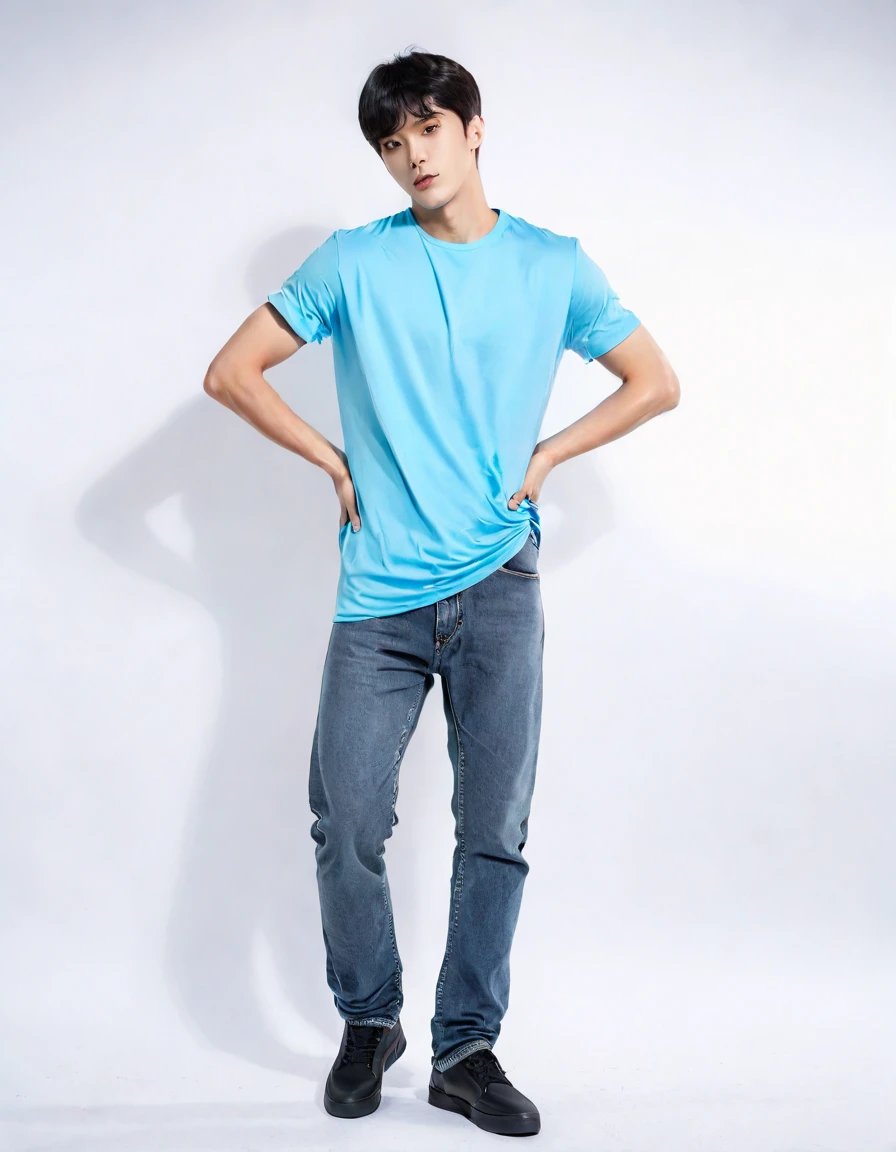 a [(((full body photo:1.4)))], of young and athletic swimmer body, (slightly muscular body), Korean man, pale color skin, (((black hair color:1.4))), using [(((casual clothes, blue jeans, young full T-shirt:1.6)))], character design sheet, [(((different poses:1.4)))], different angles, white background. ((shaved hair body)), 180 cm height