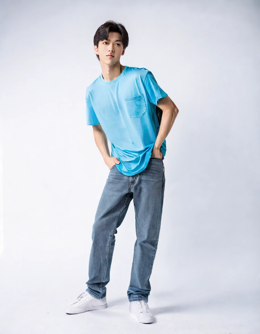 a [(((full body photo:1.4)))], of young and athletic swimmer body, (slightly muscular body), Korean man, pale color skin, (((black hair color:1.4))), using [(((casual clothes, blue jeans, young full T-shirt:1.6)))], character design sheet, [(((different poses:1.4)))], different angles, white background. ((shaved hair body)), 180 cm height