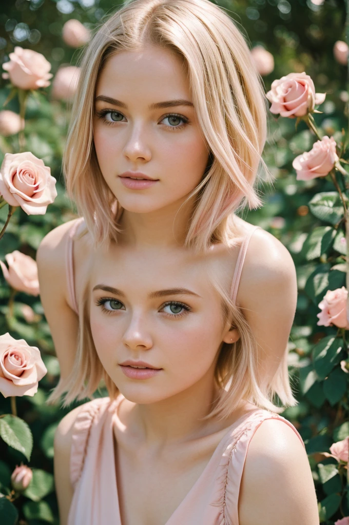 8k, photo and gross, fujifilm, Style photography of a beautiful young girl like Avril in a light pink rose garden. (very detailed skin: 1.2) Style-Petal BREAK short hair, blonde hair with colored highlights, wearing a dress, film grain, 35mm, beautiful style