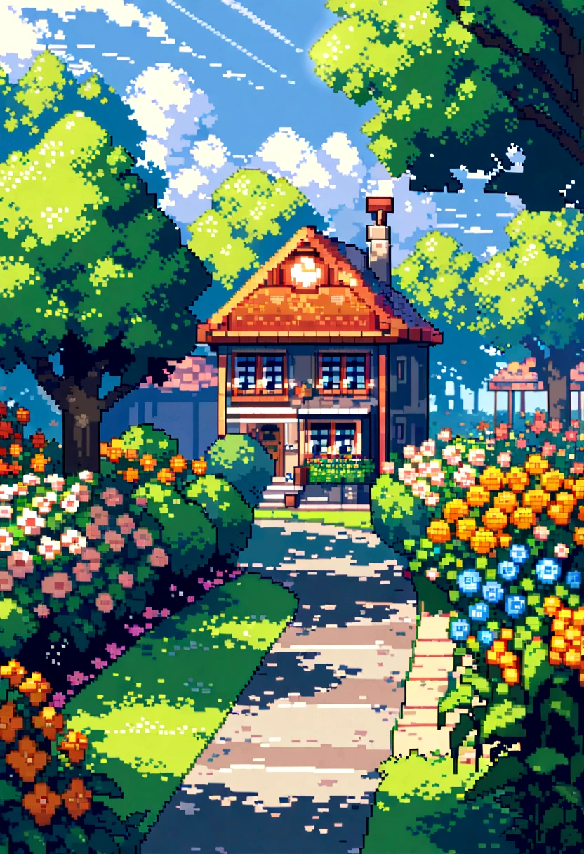 pixel art sky. morning. clouds，3d pixel art 4k обои. Incredibly detailed pixel graphics. pixel art. Detailed pixel graphics of an unreal engine((masterpiece))Street, trees, Sun rays, Houses, a bench,nature, The shops, Flower beds, flowers, green, Creepers,