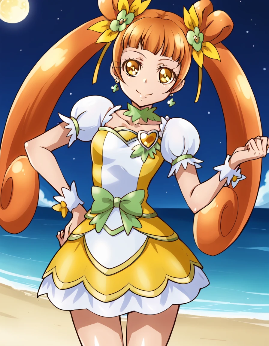 curerosetta, shiny skin, high quality, solo, 1girl, night sky, beach, arm behind head, hand on hip, (contrapposto), closed mouth, spread armpits, (cowboy shot:1.5), looking at viewer, best quality, smile,