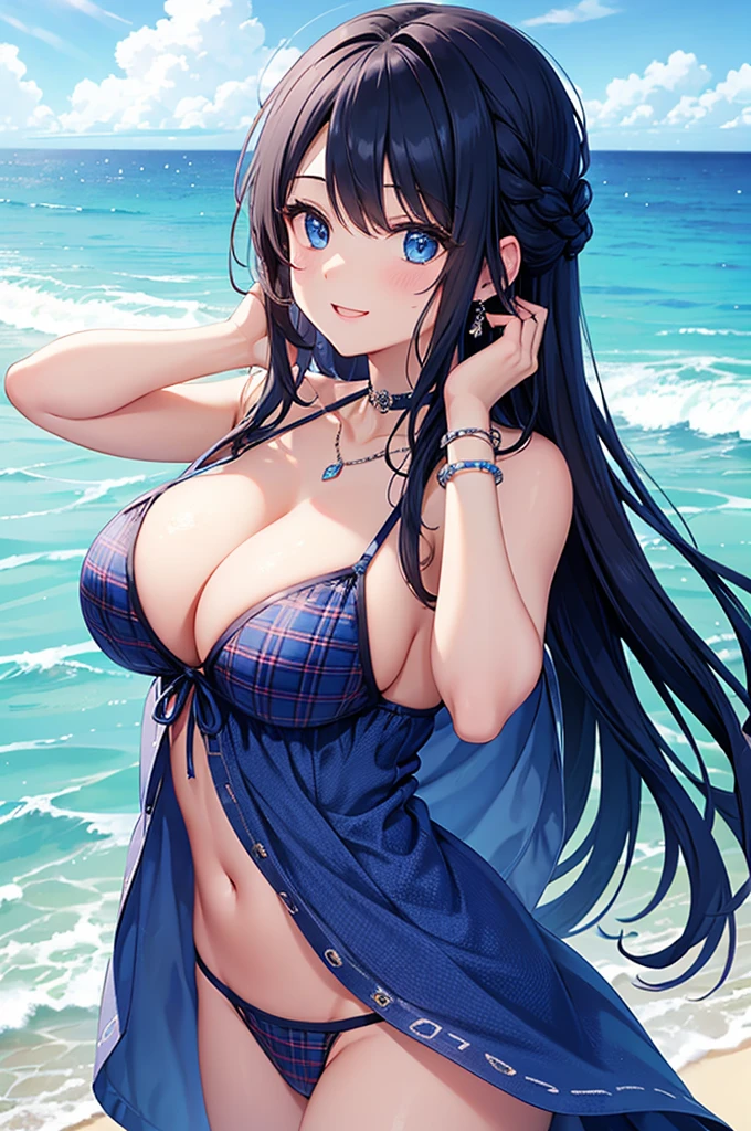 Highest quality、Highest quality、masterpiece、(8K),beauty(Age 25)、Navy blue long hair(Braiding of the sides)、blue eyes、Sexy Bikini(Plaid)、Big cleavage、(Big Breasts)、smile、blue necklace、Blue Earrings、background(Beach)、Please open your mouth wide、bracelet、Chest puffing pose、Blue choker