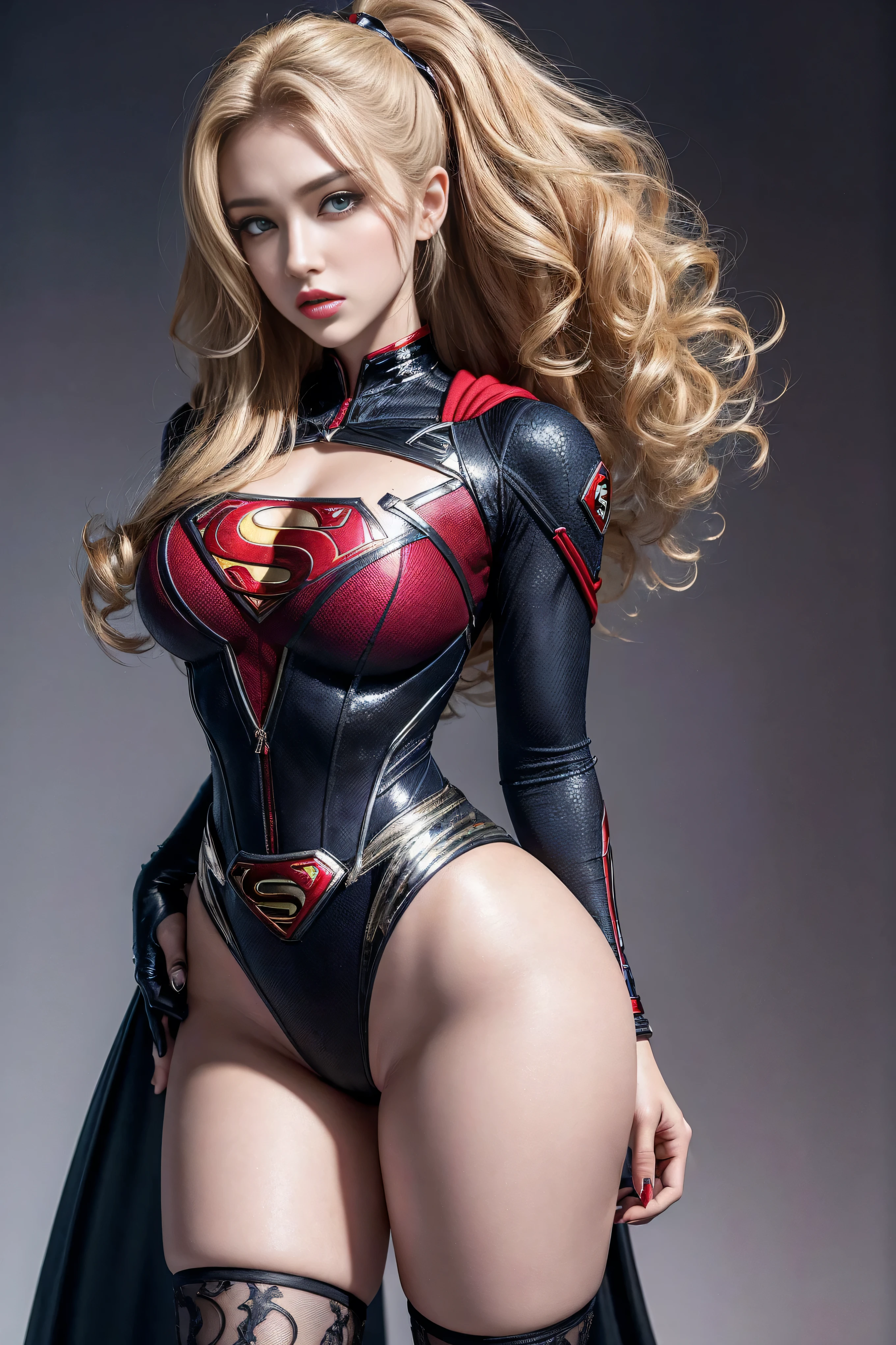 1 girl, (((17 years))), (((Perfect body))), masterpiece, best quality, 8K, Extremely detailed skin texture, Extremely detailed fabric texture, Beautiful and delicate face, (((Extremely beautiful))), Intricate details, Extremely detailed, ((Black Widow in Superman style)), (((Curly Blonde))), Extremely beautiful blonde, (((Extremely detailed long hair))), big red hairtie, Ponytail, Dynamic poses, ((Clothes that show thighs)), (Extremely detailed legs), ((shorts)), ((skirt)), (((Wide hips))), (Extremely detailed thick thighs), Sexy, Seductive pose, (((Extreme hourglass figure))), Extremely detailed deep red lipstick, Extremely detailed lips, Extremely detailed blue eyes, Beautiful appearance, (Slanted eyes), Extremely detailed provocative mouth, Extremely beautiful seductive lips, blush, Professional Makeup, Eyeshadow.