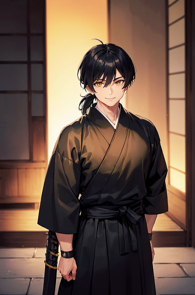 (masterpiece; best quality: 1.2), (finely detailed eyes: 1.3), ((1 young man)), ((solo)), (yellow eyes: 1.4), (masculine; lean, toned: 1.3), (short black hair in low ponytail: 1.3), (beautiful and clear background: 1.2), ((depth of field)), (clothes: all-black ronin hakama + all-black ronin kimono: 1.3), (anime illustration: 1.2), (background; old japanese mansion exterior+ night: 1.1), (extremely fine and handsome: 1.1), (shot composition; standing + close-up: 1.5), (expression; calm, smile: 1.2)