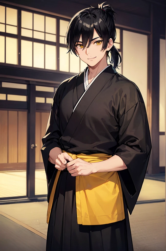 (masterpiece; best quality: 1.2), (finely detailed eyes: 1.3), ((ung man)), ((solo)), (yellow eyes: 1.4), (masculine; lean, toned: 1.3), (short black hair in low ponytail: 1.3), (beautiful and clear background: 1.2), ((depth of field)), (clothes: all-black ronin hakama + all-black ronin kimono: 1.3), (anime illustration: 1.2), (background; old japanese mansion exterior+ night: 1.1), (extremely fine and handsome: 1.1), (shot composition; standing + close-up: 1.5), (expression; calm, smile: 1.2)