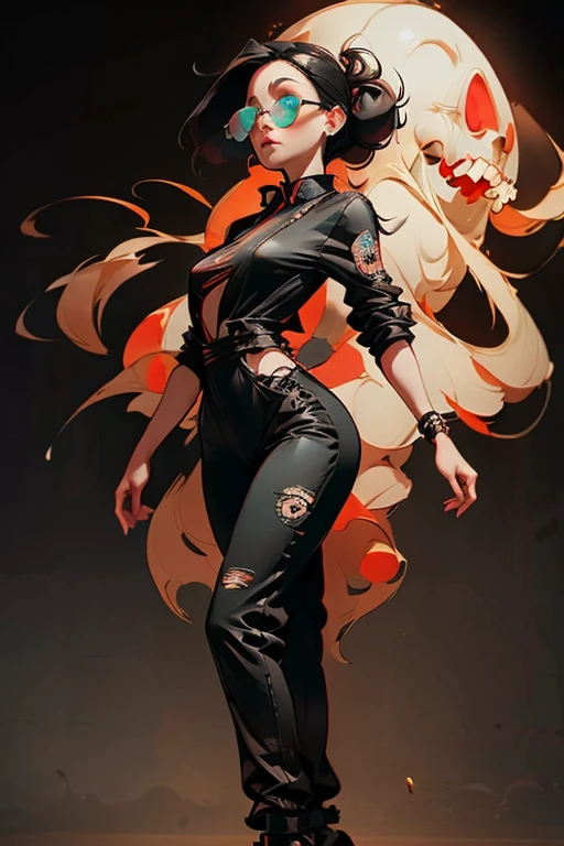 Black workwear jumpsuit、A woman wearing a costume covered with patches, cyber punk, Mosh Pit, (Highest quality,4K,8K,High resolution,masterpiece:1.2),Live Stage、Chinese style costume、Large sunglasses,Punkish hairstyle、Full body portrait、dynamic dancing