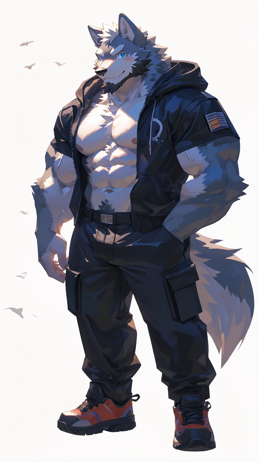 (masterpiece:1.2), best quality,pixiv,official art,perfect anatomy, (Ray tracing, light),solo, (1_male:1.3) , (muscle), (grey fur:1.4), (muscle wolf), (beard:1.2), (gleaming blue eyes), wolf tail, full body, Thick black eyebrows,(open hoodie), (naked inside), (white cargo pants:1.2), white shoes, (pure white background: 1.3), 30-40years old