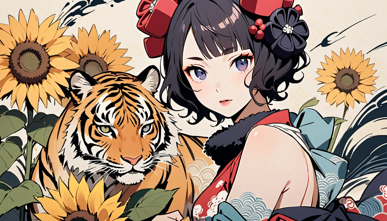 Katsushika Hokusai, Ink Painting, sunflower, Tiger, flower tattoo on shoulder, Girl, Black short hair, Delicate and precise, Modern ukiyo-e style,