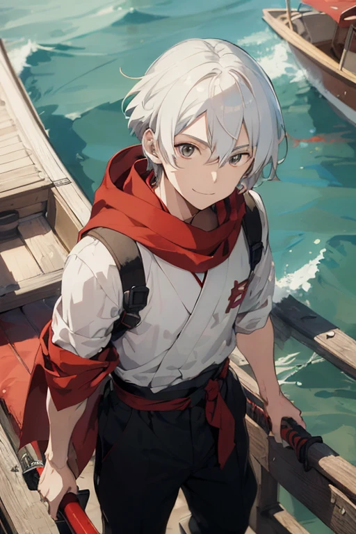 ((best qualityer)), ((work of art)), (detailded),(anime art), 1 age boy,white-haired, in red kimono, with a black katana with red details carried on his shoulders, on top of a boat in the sea and smiling and wearing a red scarf. confronted looters