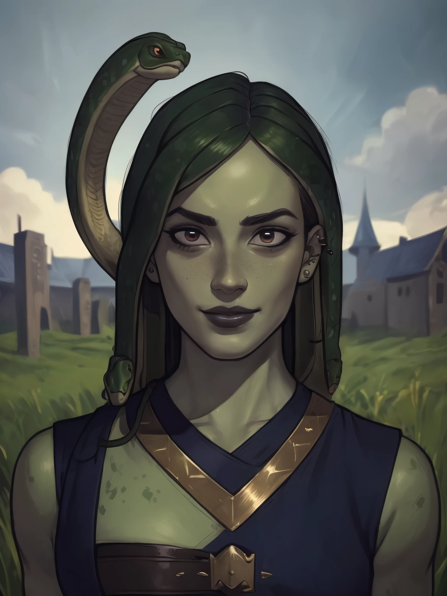 A young androgynous female veraoberlin. Fantasy setting. (((snake hair))). Green skin with freckles and liverspots. Round soft face. Round soft chin. Round soft cheeks. Curved lips. Long wide nose. Dark brown eyecolour. Very thin barely visible eyebrows. Long neck. Slim. Looking kind and friendly. ((Convey your fearsome and terrifying nature in every detail)). Unearthly beauty with a ((pale skin)), ((mischievous expression in her smile and piercing eyes)). Wearing a ((black)) medieval fantasy bra. In An open field. Its winter but the sun is shining. Blue sky. | (8k, RAW photo, best quality, masterpiece:1.2), ultra-detailed, (high detailed skin:1.2), 8k uhd, dslr, soft lighting, high quality, (centered:1.2), ((LOOKING at the VIEWER)), asura, film grain, highly detailed shading, ((perfect_hands):1), Goodhands-beta2, Detailed eyes, perfect face, perfect eyes, Detailed face, ((a manga drawing by Kentaro Miura)),