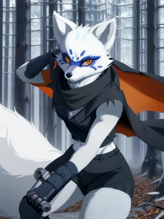 Alopex, arctic fox, furry, blue marks face, tmnt, serious look, orange eyes, girl1, solo, park, forest, cape, black shirt, black shorts, best quality, masterpiece, sickle twin blades