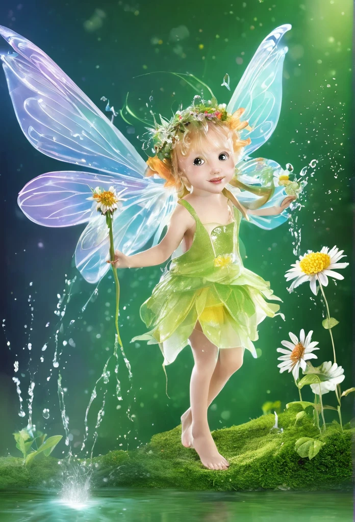 Little fairy gracefully watering a flower,full body,magic background.