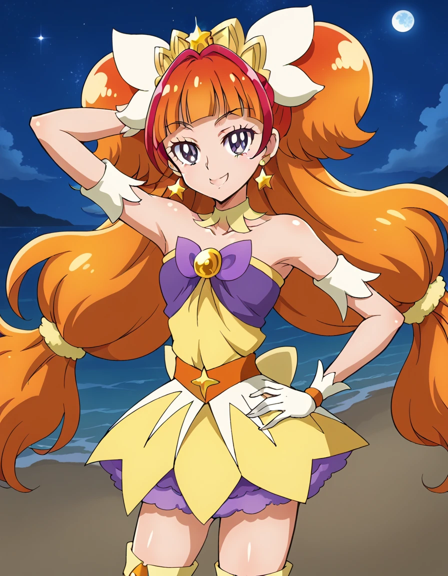 curetwinkle, shiny skin, high quality, solo, 1girl, night sky, beach, arm behind head, hand on hip, (contrapposto), closed mouth, spread armpits, cowboy shot, looking at viewer, smile, best quality,