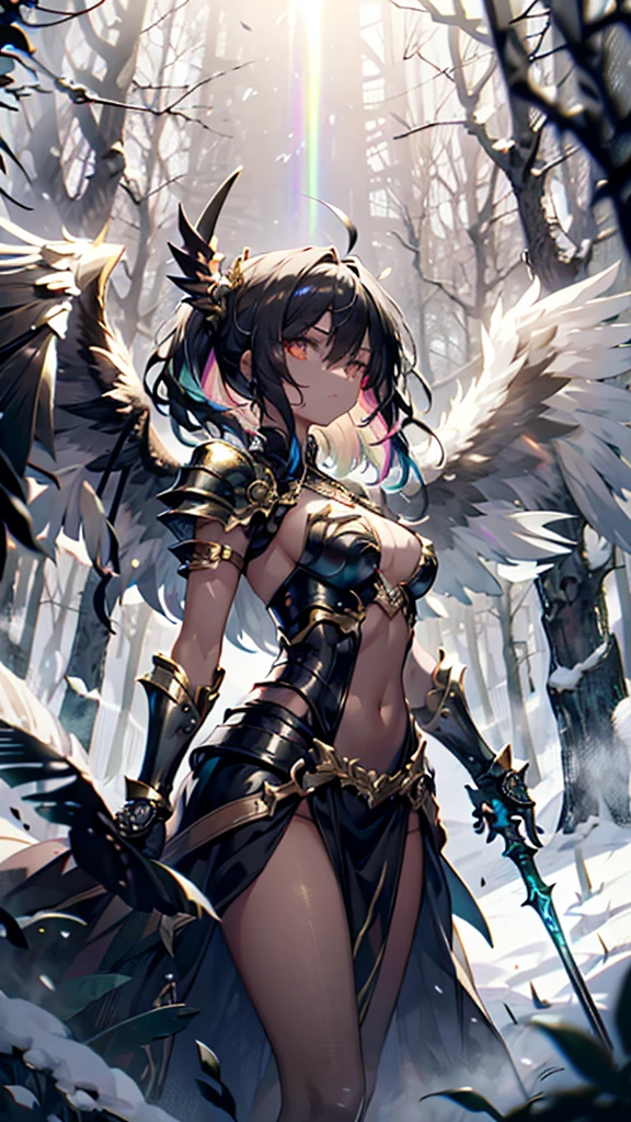 Young demigoddess, long black hair with rainbow highlights, golden eyes, armored dress, battle dress, snowy forest, large single black wing, battle spear in her hand, tanned skin, rainbow hair strands, hair over one side, glowing eyes, volumetric lighting, intricate details, rainbow hair, big wing, front picture, tanned skin, great chest plate, arrogant, front ligh, arrogant expression, black hair with rainbow highlights, battle dress closed, arrogance, light brown skin, arrogant girl, light dark skin