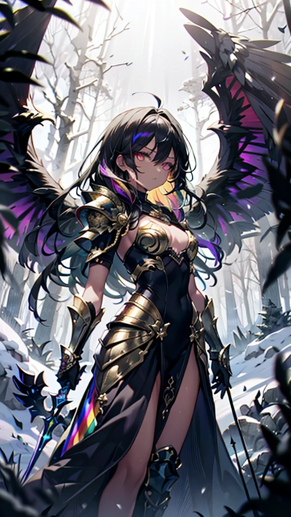 Young demigoddess, long black hair with rainbow highlights, golden eyes, armored dress, battle dress, snowy forest, large single black wing, battle spear in her hand, tanned skin, rainbow hair strands, hair over one side, glowing eyes, volumetric lighting, intricate details, rainbow hair, big wing, front picture, tanned skin, great chest plate, arrogant, front ligh, arrogant expression, black hair with rainbow highlights, battle dress closed, arrogance, light brown skin, arrogant girl, light dark skin