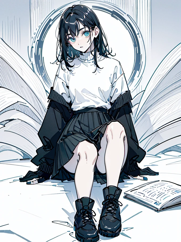 ((body)) skinny, short, pale, freckles on the face, 18 years old ((hair)) long black hair, messy, ((eyes)) green eyes, ((dark outfit)) oversize black shirt, blue skirt, knitted shoe covers, black cotton fingerless gloves, black boots