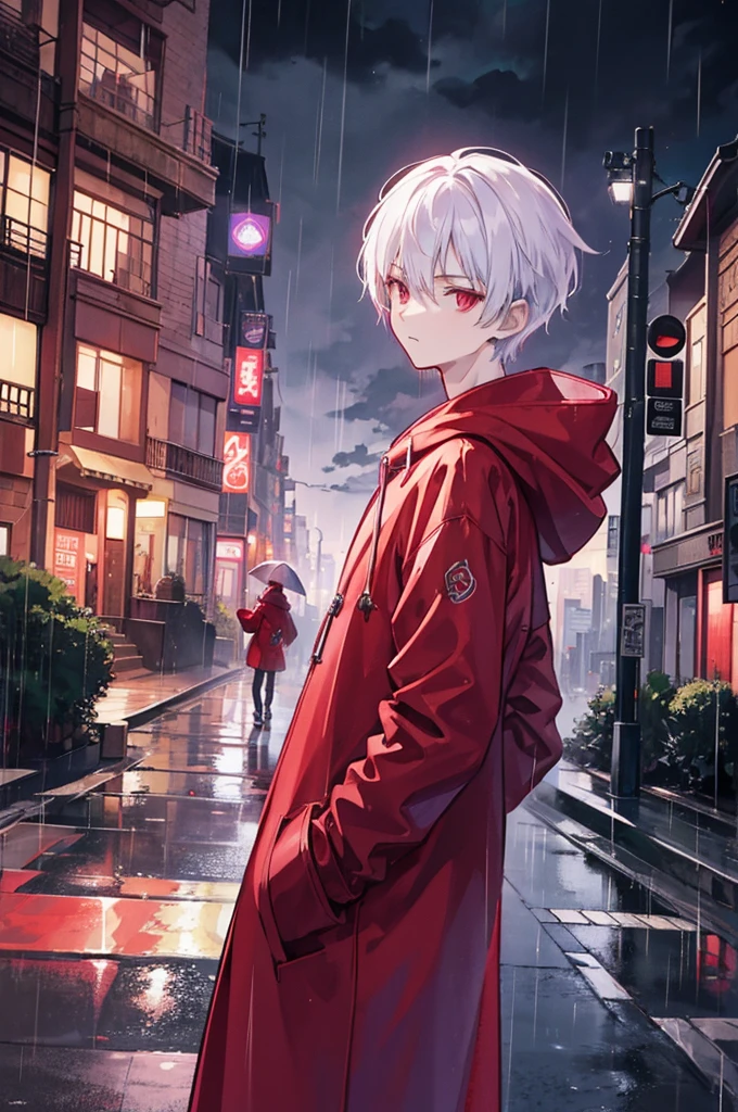  A young man with short white hair, red eyes. Wearing a red hoodie with purple details. He is standing, looking to the side. On a center of a city. Dungeons and Dragons art direction, studio ghibli Style, night city, rain, coat, hands in pockets