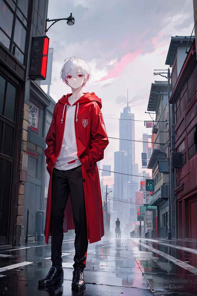  A young man with short white hair, red eyes. Wearing a red hoodie with purple details. He is standing, looking to the side. On a center of a city. Dungeons and Dragons art direction, studio ghibli Style, night city, rain, coat, hands in pockets