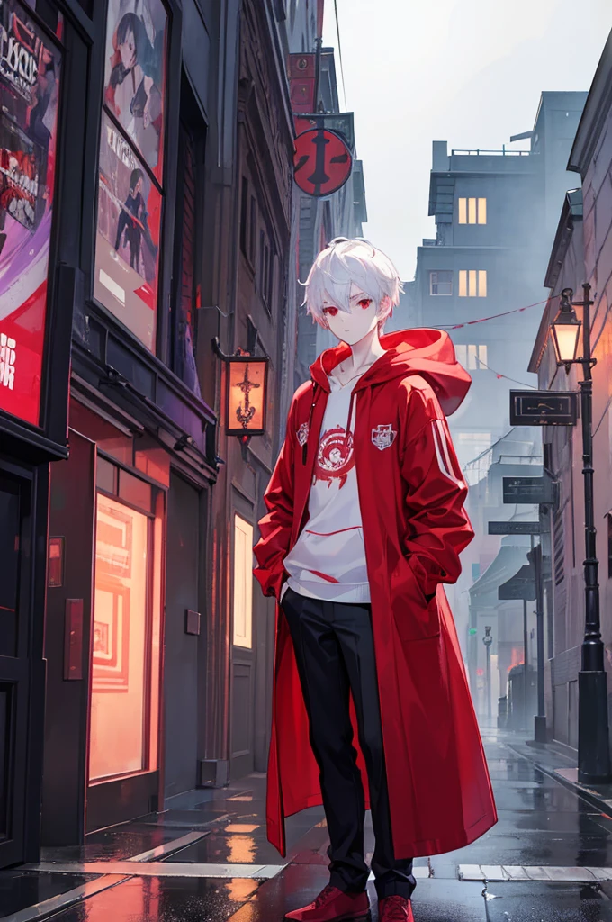 A young man with short white hair, red eyes. Wearing a red hoodie with purple details. He is standing, looking to the side. On a center of a city. Dungeons and Dragons art direction, studio ghibli Style, night city, rain, coat, hands in pockets