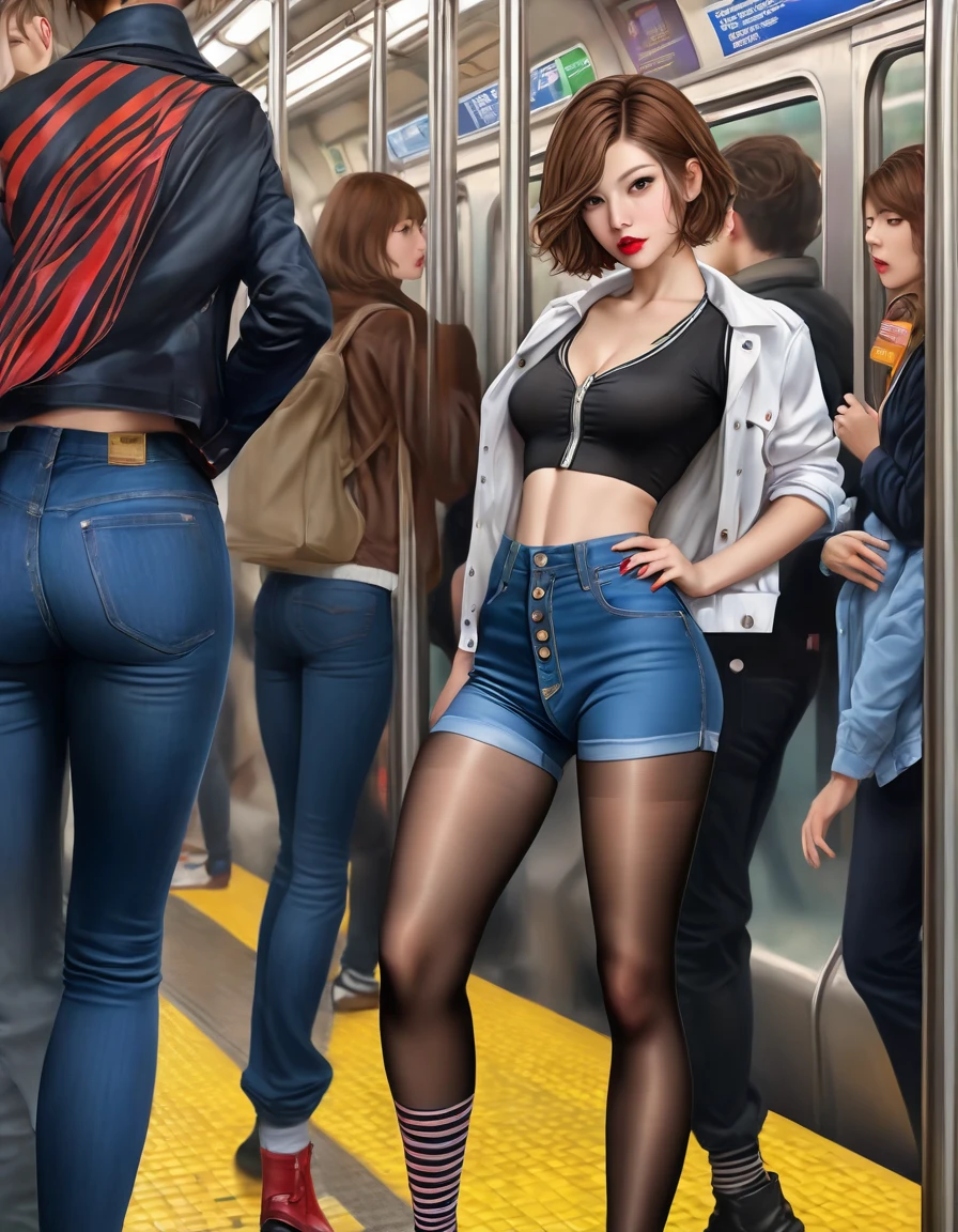 Photo of a asian female with small breasts, (((undressing))) in a crowded train,
20yo, cute, small face, petite, slender body, hairless, short body, (((tanned skin))), dimples, detailed face, embarrassed face, ((looking disgusted)), ((very angry)), (dissapointed),
Perfect breasts, natural breasts, A cup, (((hijab))), (((glasses))), (((cotton bra))),
(((white shirt))), ((((pulled down jeans)))), (((cotton panties))), (((blue jeans))), (((zipper jeans open)))