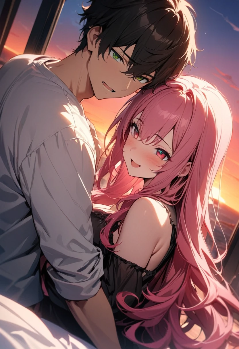 (couple), girl and boy, Gaze at the red sky at sunrise, rear view, 1boy, ((boy with green eyes, short black curly hair)), 1girl, ((girl with red eyes, vibrant pink long hair)), intimate, rich in detail, happy expression, love, long shot, wide angle, (((masterpiece, best quality, aesthetic, heavenly)))