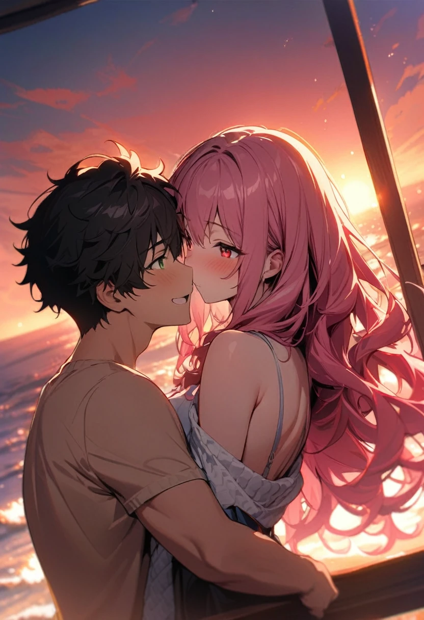 (couple), girl and boy, Gaze at the red sky at sunrise, rear view, 1boy, ((boy with green eyes, short black curly hair)), 1girl, ((girl with red eyes, vibrant pink long hair)), intimate, rich in detail, happy expression, love, long shot, wide angle, (((masterpiece, best quality, aesthetic, heavenly)))