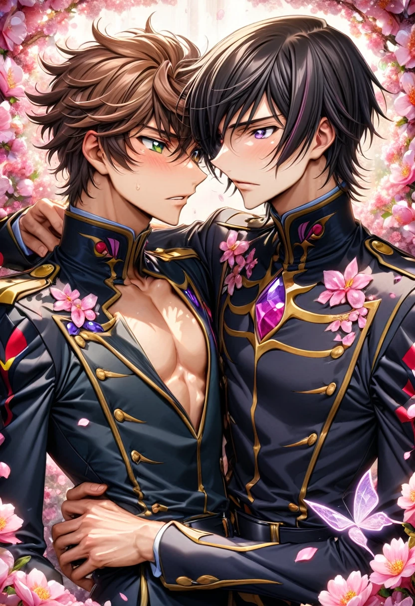absurdres, highres, ultra detailed, HDR, master piece, best quality, Lelouch Lamperouge, black hair, expressive purple eyes, Code Geass, Kururugi Suzaku, brown hair, expressive green eyes, two sexy men together, yaoi, gay couple, handsome, black military uniform, fantasy, shining, pink flowers, pink blossoms, pink butterflies, pink petals