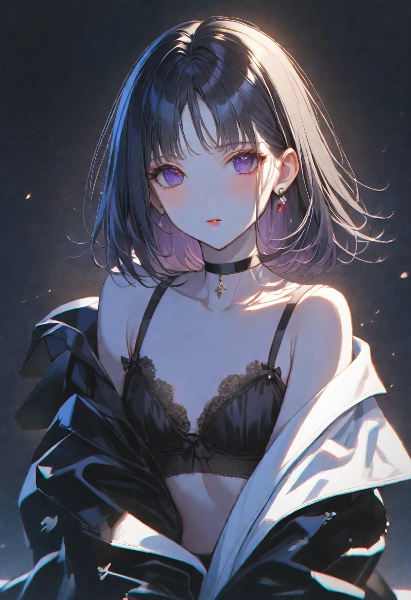 solo, handsome, Glossy feel,
1. Female,
hime cut,Straight Hair,Bob Hair,
black hair,
nakano yotsuba,
purple Eyes,Soft look,beautiful,beautiful,sexly,Darkness,Lots of black earrings,choker,
black Off Shoulder,black Distressed jeans,Black Bra,
skin,Alluring,
black background,